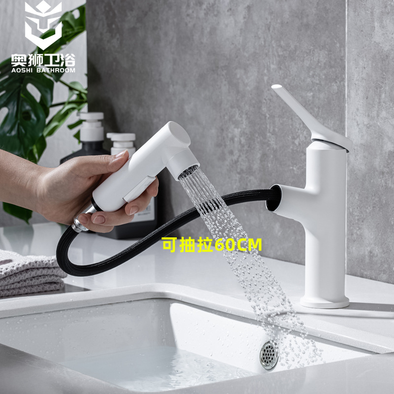 Xiaohongshu Same Model Foreign Trade Exclusive Supply White Pull Copper Basin Faucet Cold and Hot Face Wash Basin Top Out Water Faucet 