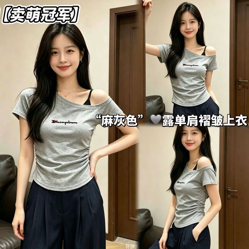 Cute Champion Spring/Summer New Simple Casual Letter Print Round Neck Short Sleeve T-Shirt Versatile One-Shoulder Ruched Top