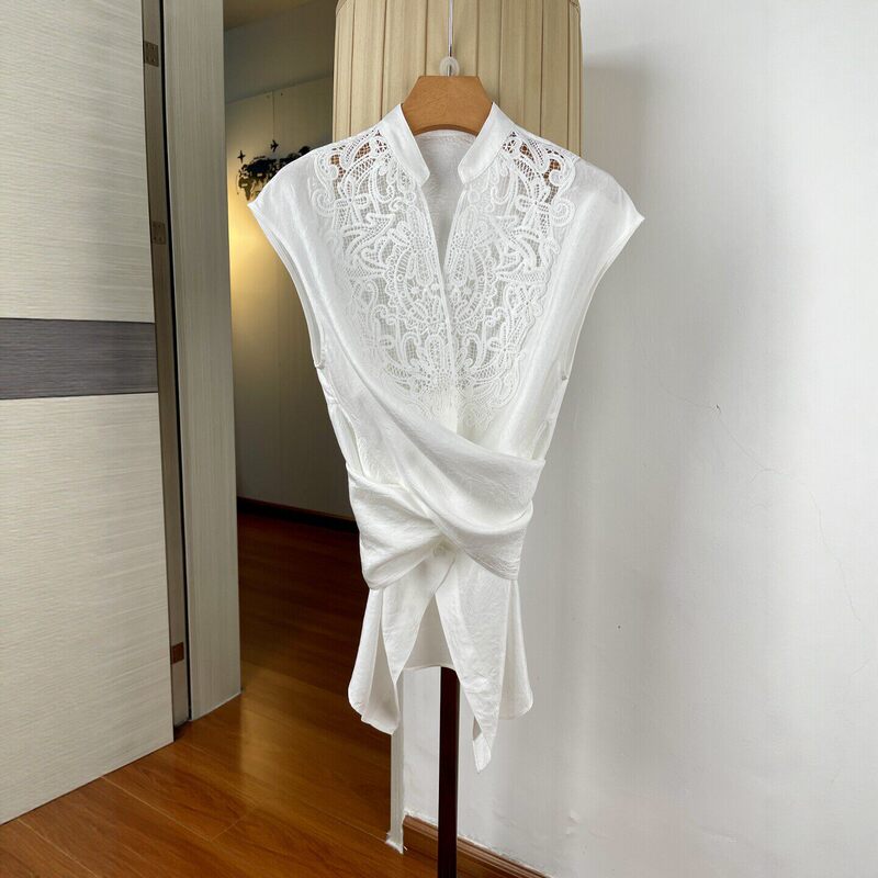 Embroidered Hollow Lace Stand Collar Sleeveless Shirt for Women, New Summer Style, Versatile, Waist-Cinching, Slimming, Acetate Reverse Design Top Embroidered Hollow Lace Stand Collar Sleeveless Shirt for Women, New Summer Style, Versatile, Waist-Cinching, Slimming, Acetate Reverse Design Top
