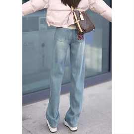 直筒牛仔裤子女春季2024年新款小个子拖地裤大码弹力窄版阔腿长裤