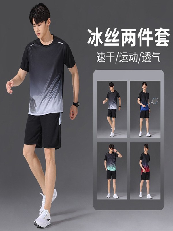 スポーツスーツメンズ速乾性アイスシルク Tシャツ半袖ショーツランニング新しい夏のフィットネス服バドミントン服|undefined