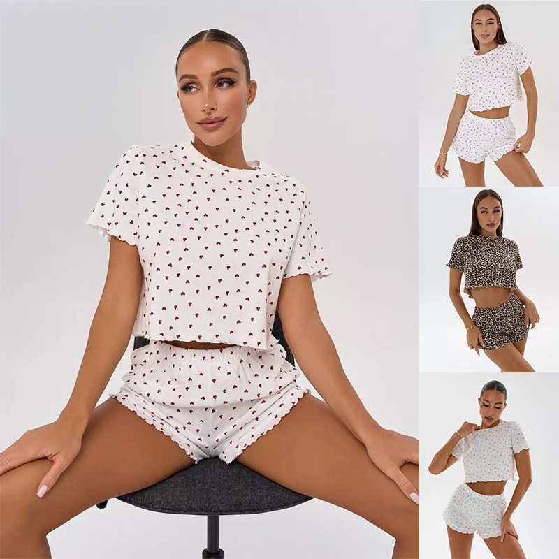ChicShe Cross-Border Russian New Home Wear Cotton Heart Print Casual European And American Short Sleeve Shorts Two-Piece Set_ecoleips.com