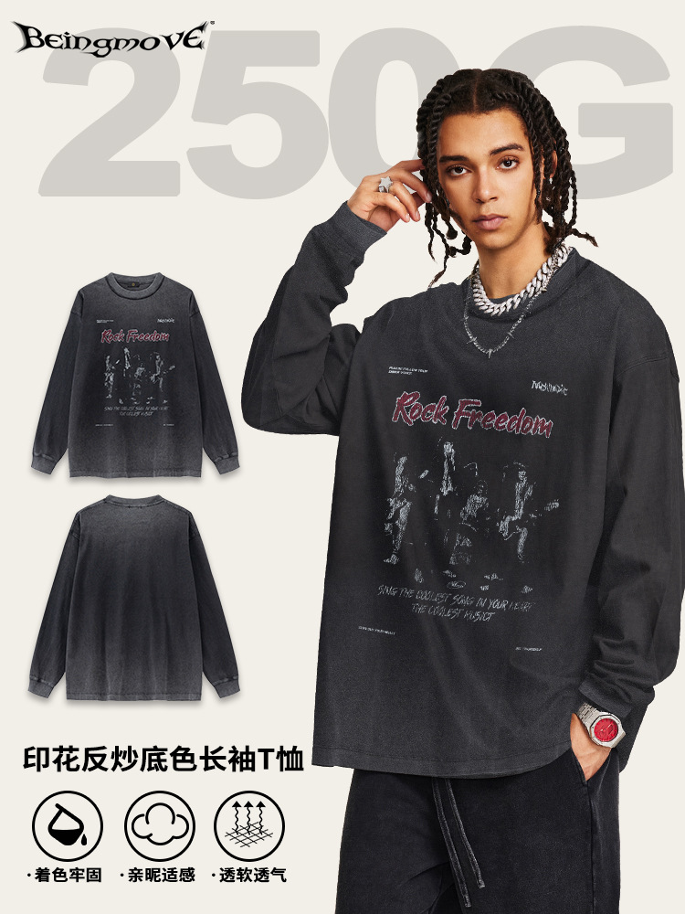 2025 otoño estilo americano de moda estilo callejero vent Punk oscuro vintage suelto camiseta de manga larga hombre venta cruzada