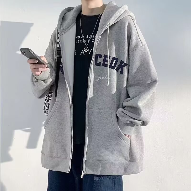跨境代发美式复古卫衣男春秋季拉链男士外套港风宽松百搭卫衣男