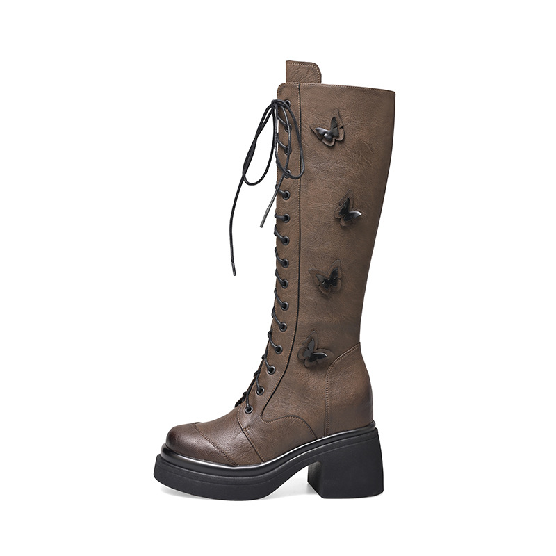 Boot nữ cổ cao dây buộc phong cách cổ điển, gót 10 cm — Nhung kaki đậm