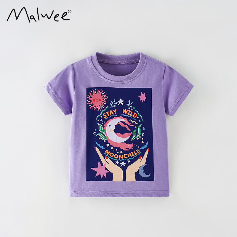 Malwee transfronterizo nueva camiseta infantil de mangas cortas niñas suave piel europea y americana dibujos animados casuales para niños de mediana edad chaqueta de verano