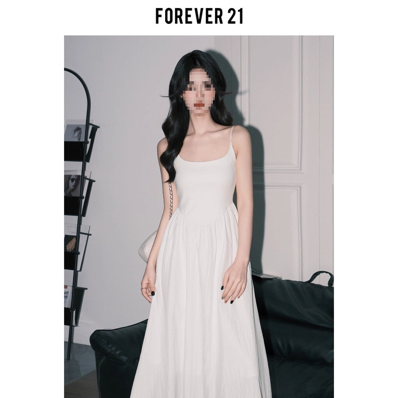 Forever 21 Gentle U-Neck Strap Dress for Women, Light Spring Waist-Cinching A-Line Long Dress, Korean Style First Love Little White Dress