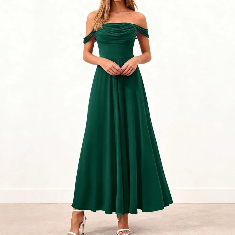 Off-Shoulder Satin Bridesmaid Dress, Long A-Line Corset Formal Ball Gown with Slit