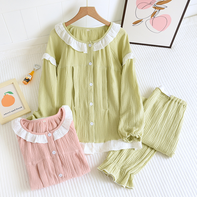 Spring and summer cotton confinement clothes maternity pajamas postpartum plus size nursing clothes cotton gauze loose nursing home clothes set