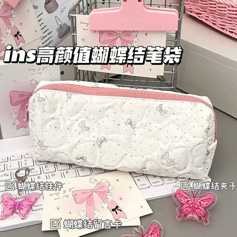 新しい蝶結びミルクふふ鉛筆バッグイン高価値大容量女の子かわいい学生文具収納袋|undefined