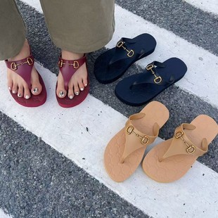 Flip-Flops 2025 New Thick-Soled 2.5cm Flip-Flops Fashionable Pure Color Horsebit Flip-Flops Beach Slippers