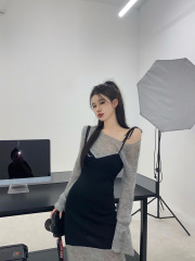 3838#假两件露肩长袖连衣裙秋2025新款女鱼尾裙长裙设计感小众裙