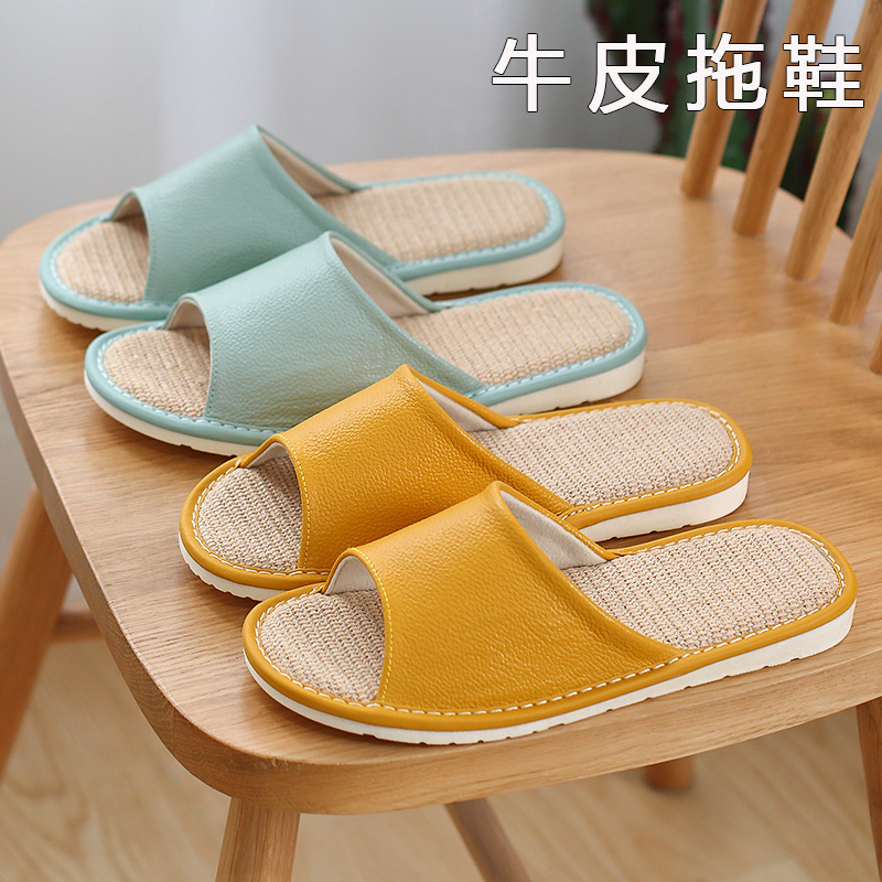 Cowhide Leather Slippers for Women, Summer Home Linen Indoor Genuine Leather Non-Slip Men's Leather Slippers, Breathable and Non-Slip for Home Use