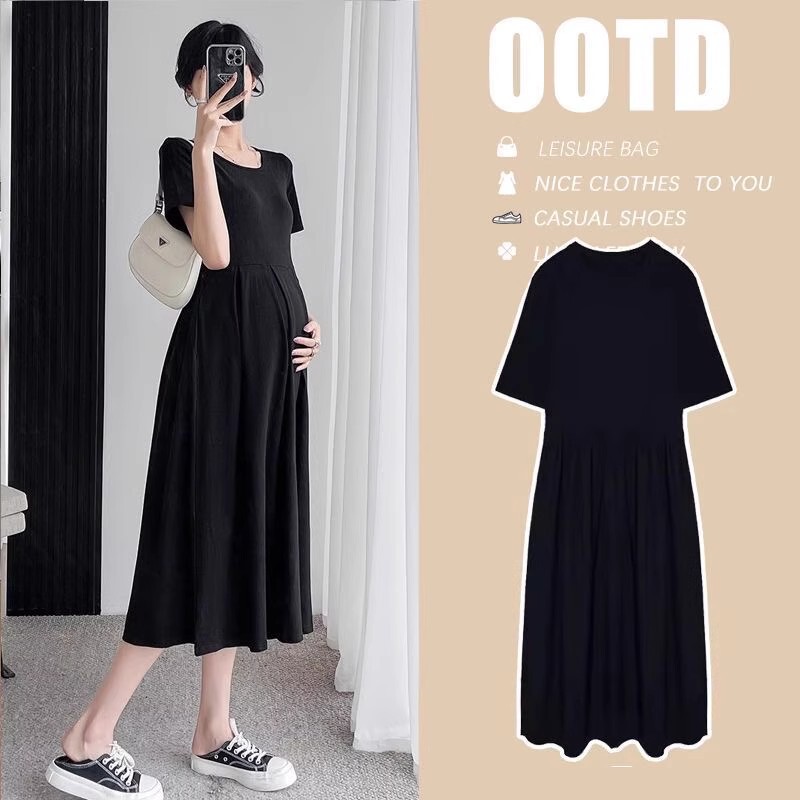 Maternity Summer Dress 2025 New Dress Summer Pleated Petite Waist Slimming A-Line Skirt Set