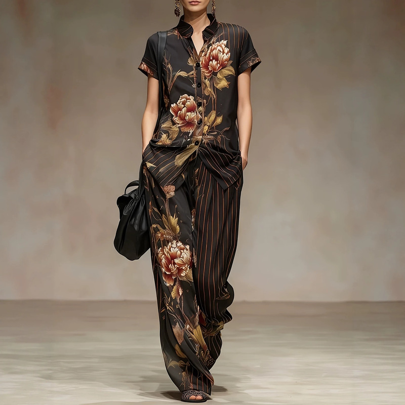 European and American Cross-Border Women's Casual Retro Striped Peony Print Black Chiffon Short-Sleeve Shirt with Wide-Leg Pants Set