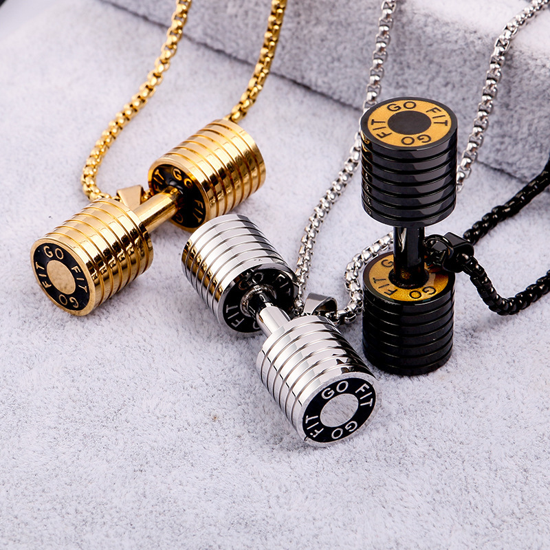Cross-border hot fashion Men's dumbbell fitness necklace stainless steel pendant barbell European fashion jewelry wholesale