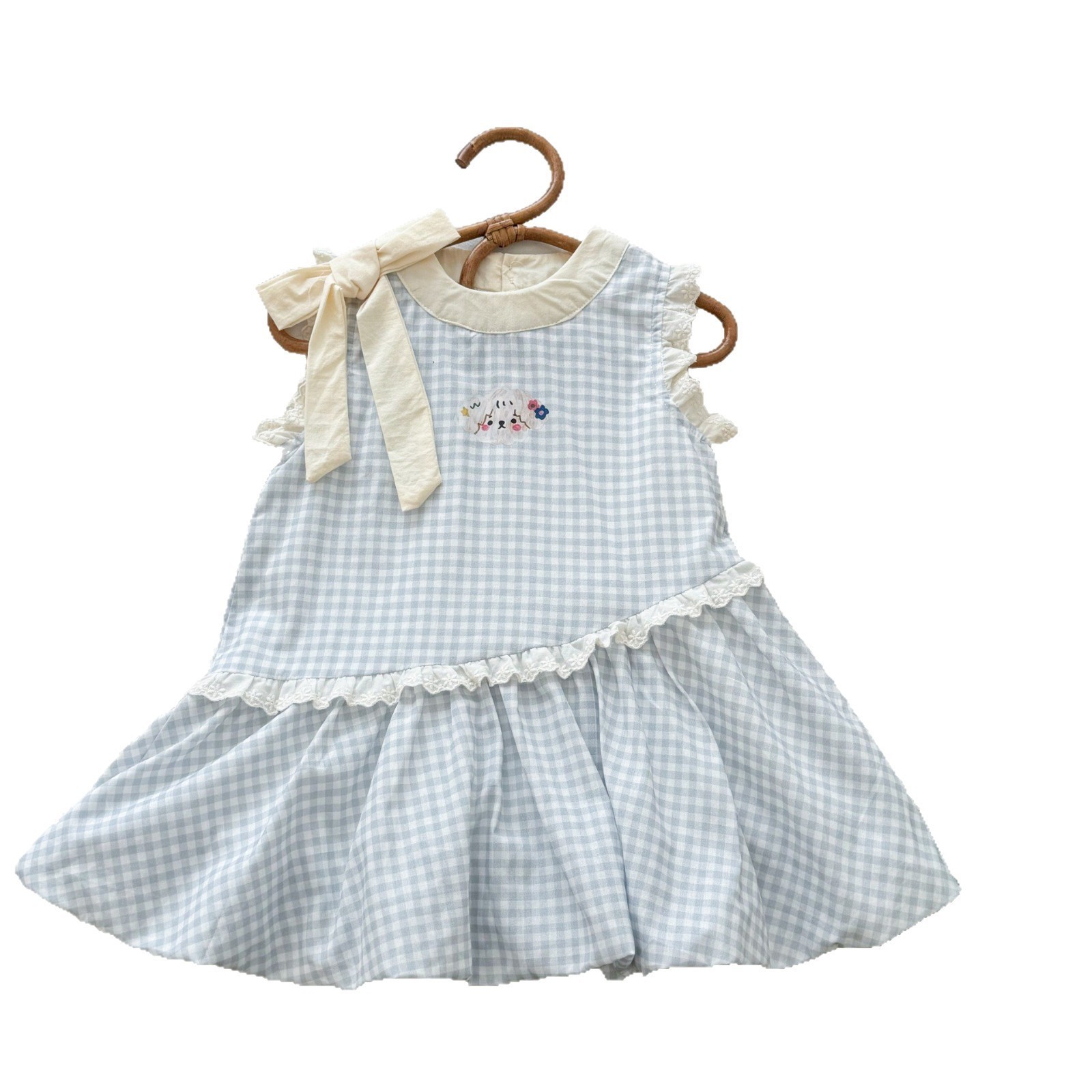 Vestido de siete niñas de limón salado verano versión coreana de dulce lazo azul a cuadros bebé lindo chaleco de capullo de flor falda de moda