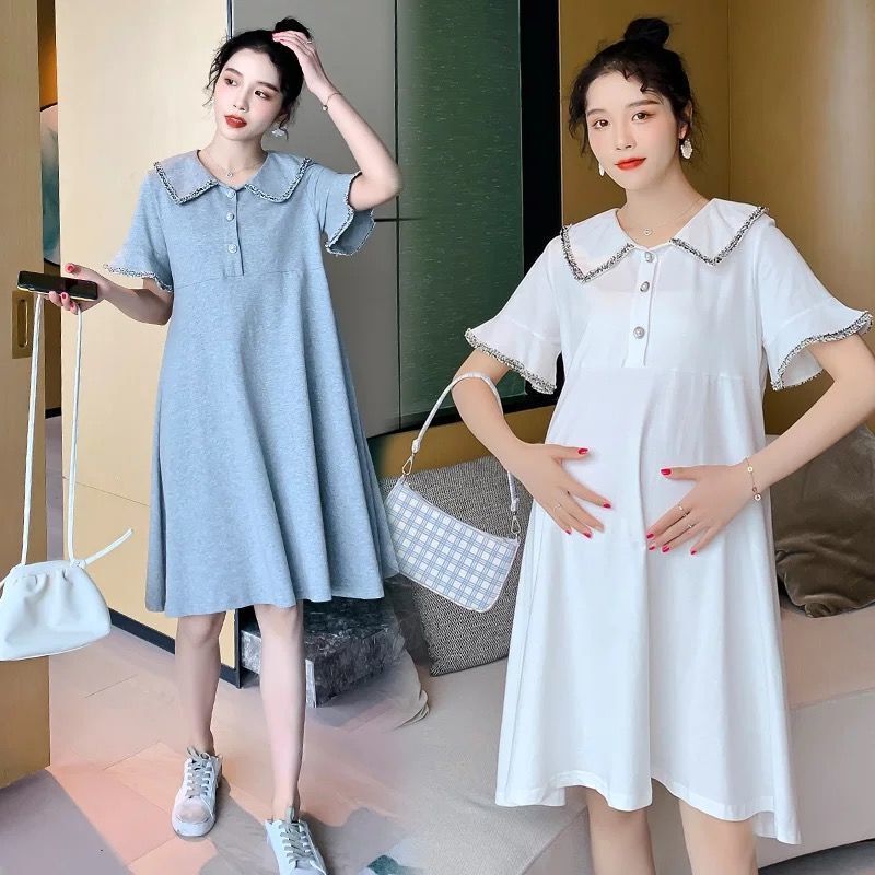 Maternity dress summer flower edge dress mid-length hot mom dress plus size loose autumn clothing mid-length small summer clothing thin