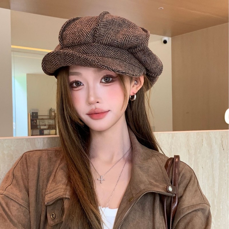 韩版复古百搭八角帽子女春秋季时尚简约贝雷帽大头围云朵画家帽潮|undefined
