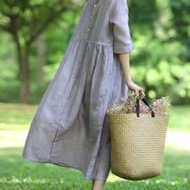 文艺苎麻刺绣圆领五分袖连衣裙女夏季宽松休闲度假风显瘦长款裙子