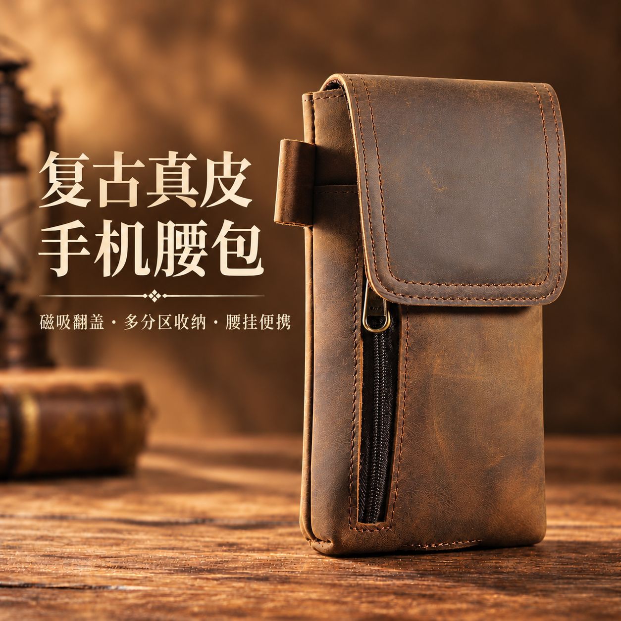 Cross-Border European and American Retro First-Layer Cowhide Men's Waist Bag Multi-Functional Magnetic Phone Waist Bag Genuine Leather Phone Protective Bag