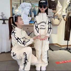女童春秋装半拉链立领套装设计感蝴蝶结织带工装裤运动休闲两件套