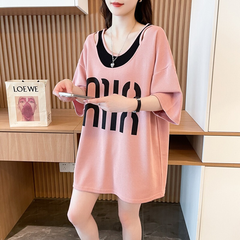Summer New Stylish Color-Blocked Faux Two-Piece Off-Shoulder Low-Neck Loose-Fitting Hip-Covering Maternity Short-Sleeve T-Shirt Women's Top Ins