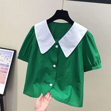 娃娃领短袖雪纺衫女2025夏季新款绿色洋气减龄小衫小个子短款...
