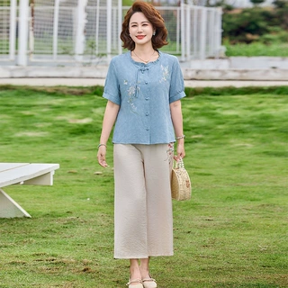 妈妈夏装套装洋气2026新款中式纯棉短袖上衣中老年女装开衫两件套