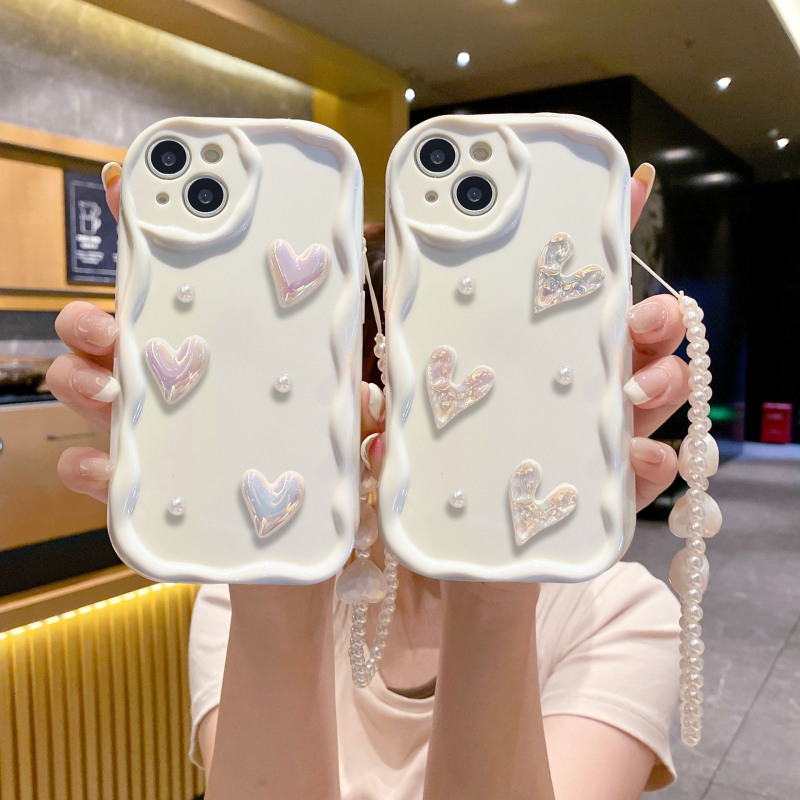 Three-Dimensional Wave Pattern Suitable for iPhone 17 Pro White Heart Pearl Phone Chain Apple 15/16 Pro Phone Case