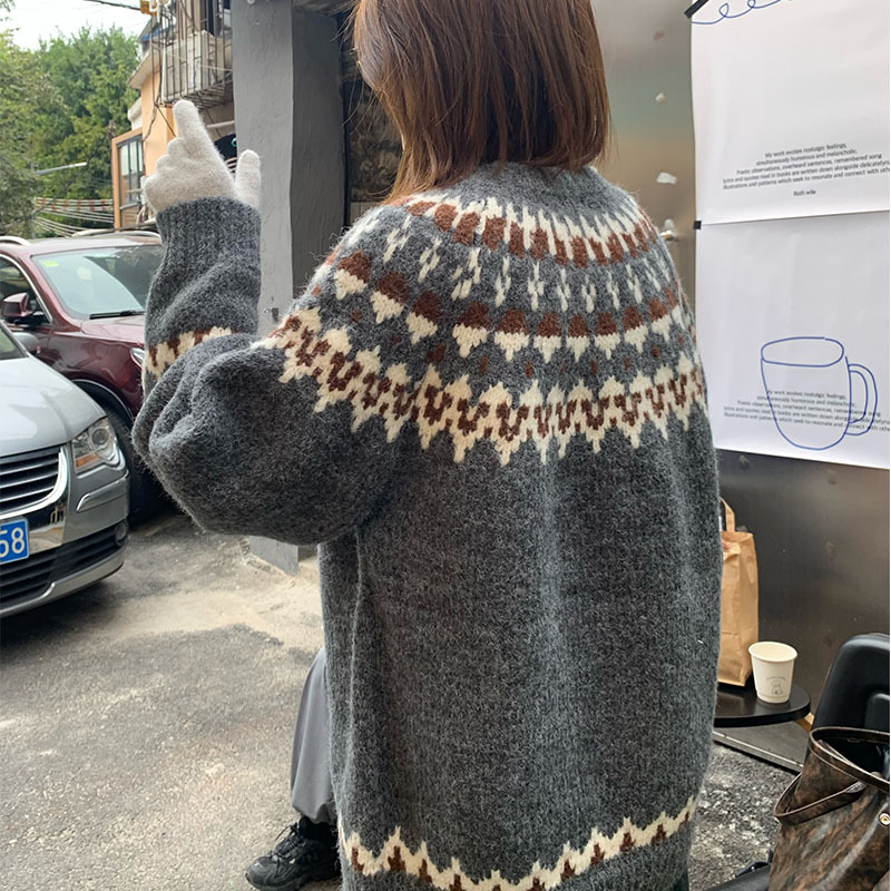 2025秋冬新作 フレンチヴィンテージ風 フェアリーアイランドジャカード カラーブロックストライプニット ラウンドネック 万能セーター レディース 厚手|undefined