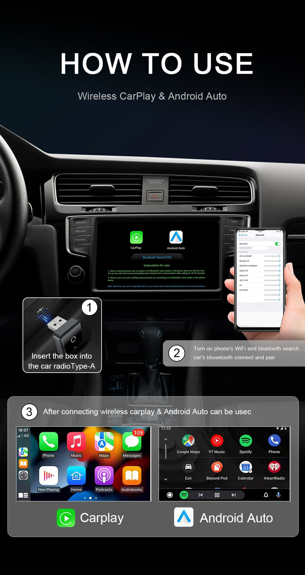 Cross-Border Best-Selling Wired-To-Wireless Carplay/Android Auto Adapter, New Model for Universal Car-Machine Connectivity