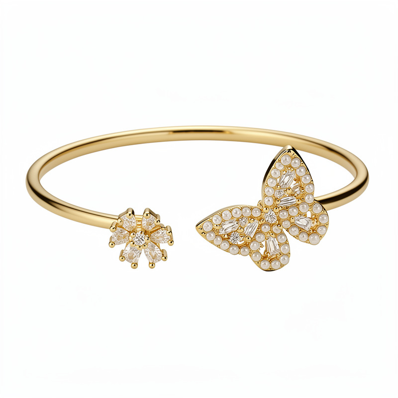 Flores de zircon mariposa abertura pulsera de perlas temperamento exquisito pulsera de moda versátil lujo ligero nicho joyería al por mayor