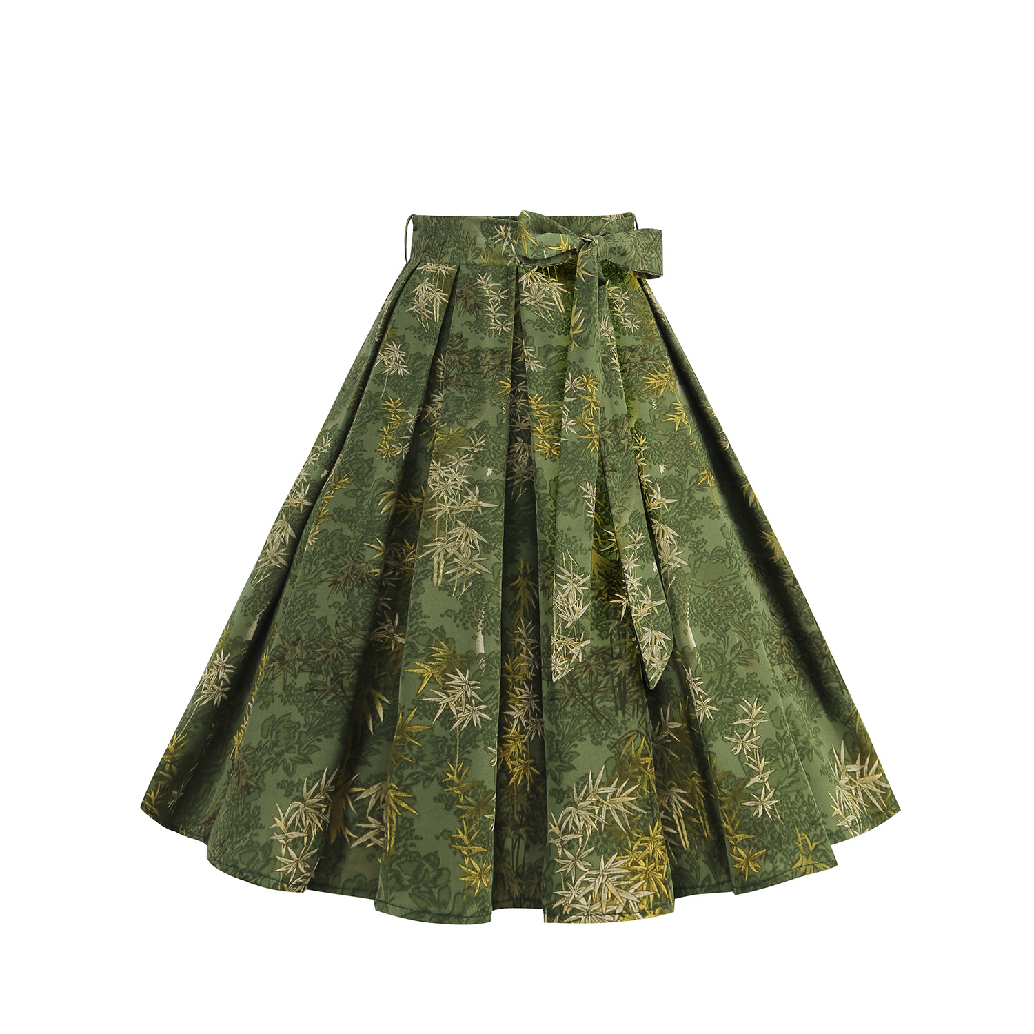 2024 Retro New National Style Niche Design Elegant Printed Lace-Up Pleated High-Waisted Mid-Length Skirt