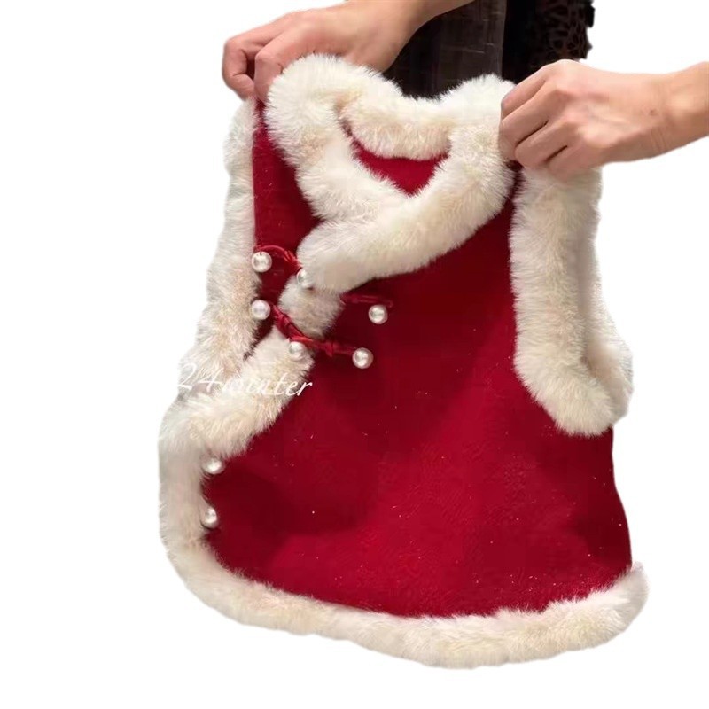 Yue Zhao siete niñas hebilla de vello nuevo chaleco rojo chino vestido con mangas de lana para celebrar la nueva ropa de Año Nuevo