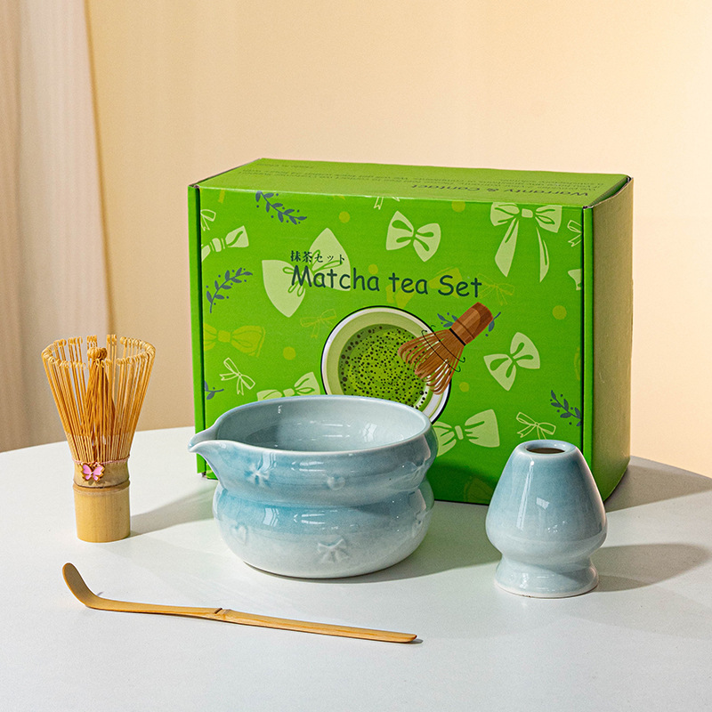 跨境亚马逊百本立抹茶蝴蝶结抹茶碗粉色陶瓷套装带嘴陶瓷件套批发|undefined