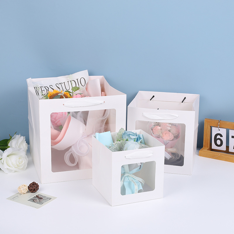 Bolsa de embalaje cuadrado engrosado flores boda bolsa de regalo inferior transparente ventana portátil bolsa de regalo bolsa de papel al por mayor