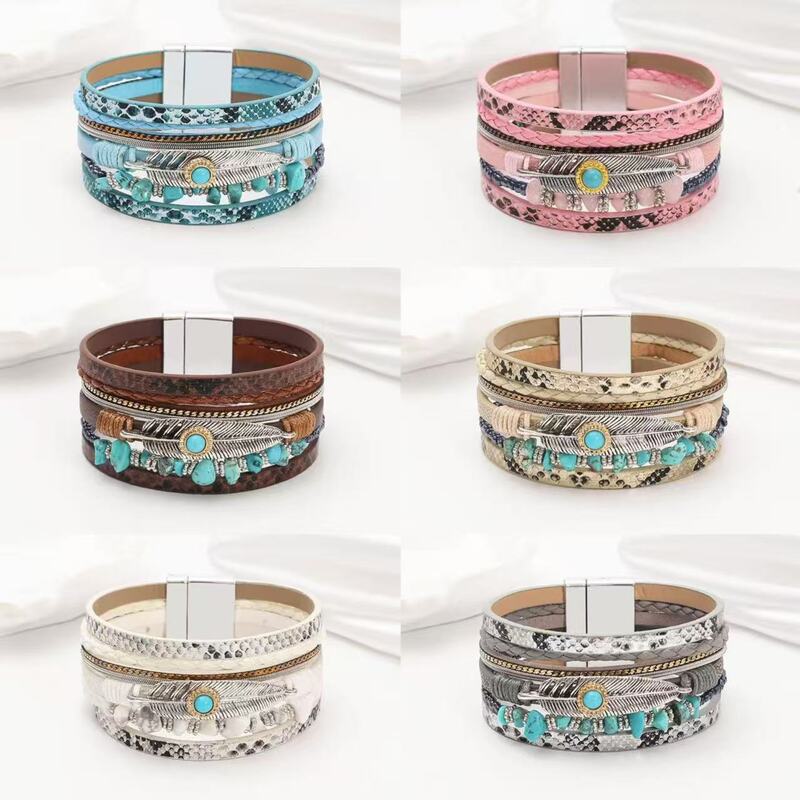 Boho Gravel Feather Leather Women's Bracelet Creative Retro Feather Turquoise Magnet Buckle Bracelet Boho Gravel Feather Leather Women's Bracelet Creative Retro Feather Turquoise Magnet Buckle Bracelet
