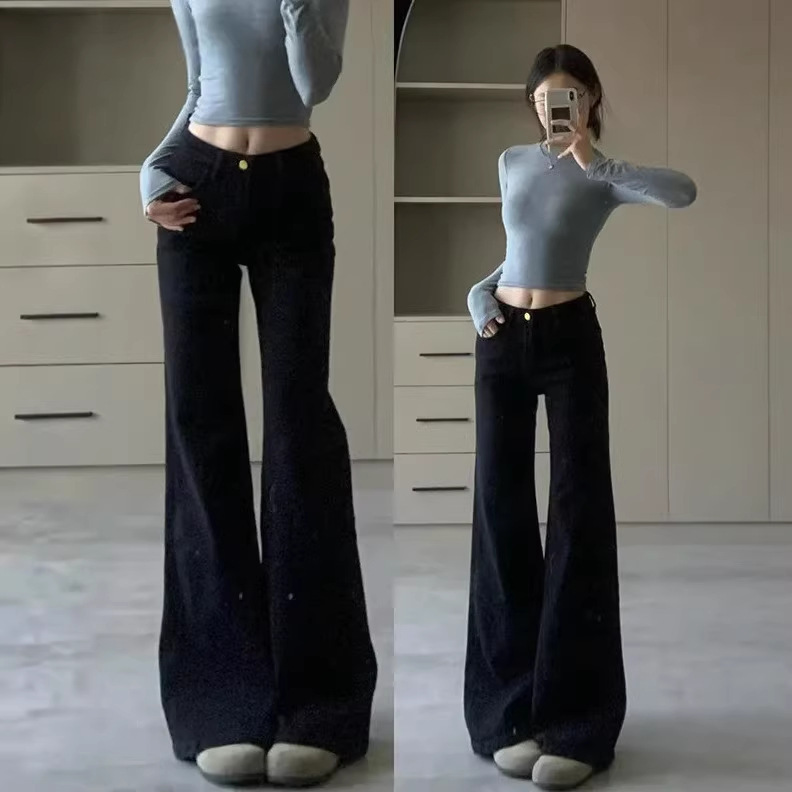 American High Street Style Black Flared Jeans for Women, Summer High-Waisted, Slimming, Height-Enhancing, Loose Design Straight-Leg Pants