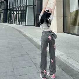纯欲粉十字架皮标原宿灰宽松直筒牛仔裤女秋新款辣妹炸街拖地长裤
