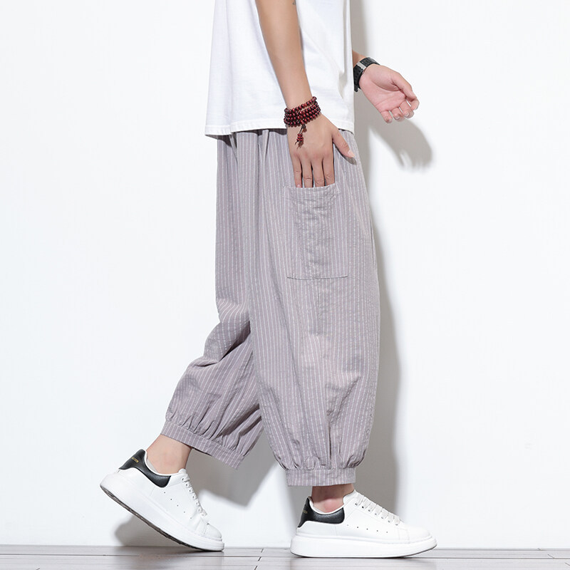 2025 New Men's Casual Cropped Pants Chinese Style Loose Wide-Leg Pants Trendy Plus-Size Japanese Striped Harem Pants
