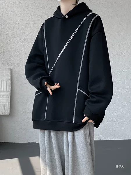 American-style heavy-duty contrast-stitch silhouette hoodie for men, stylish and cool pullover sweatshirt, loose fit, large size, trendy outerwear