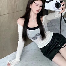 心动狙击小众辣妹晕染显瘦长袖T恤女早春低领扎染修身上衣打底衫