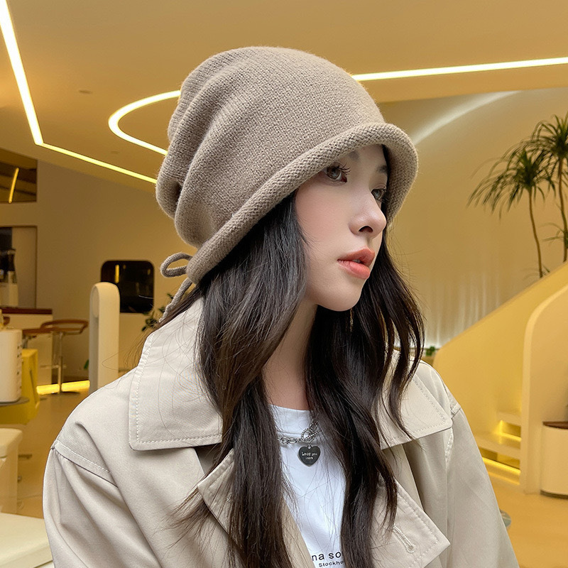 暖防寒针织大头围护耳针织抽绳包头帽堆堆帽子女秋冬季卷边百搭款|undefined