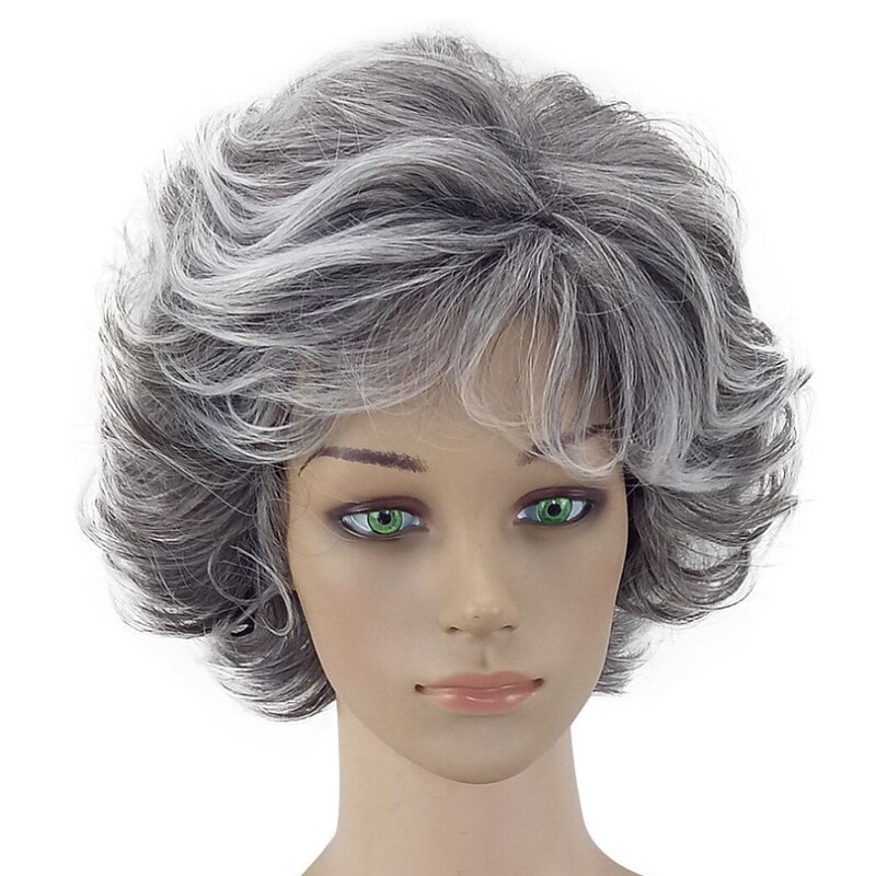 Middle-aged and old mother wig granny silver white mixed color fashion curly hair headgear fluffy realistic curly hair rose net