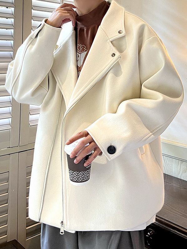 珀斯人加厚保暖毛呢大衣时尚翻领机车夹克冬季男士青年帅气外套潮