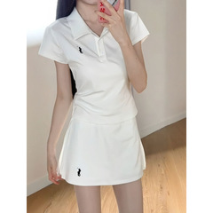 运动休闲正肩套装女夏季新款POLO领短袖T恤半身裙两件套