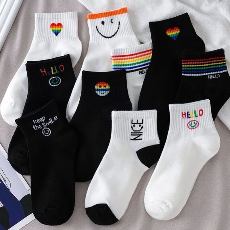 Japanese-Style Cute Smiley Rainbow Mid-Length Socks, Skin-Friendly, Sweat-Absorbent, Breathable, Casual, College Style, Student Cartoon Socks Japanese-Style Cute Smiley Rainbow Mid-Length Socks, Skin-Friendly, Sweat-Absorbent, Breathable, Casual, College Style, Student Cartoon Socks