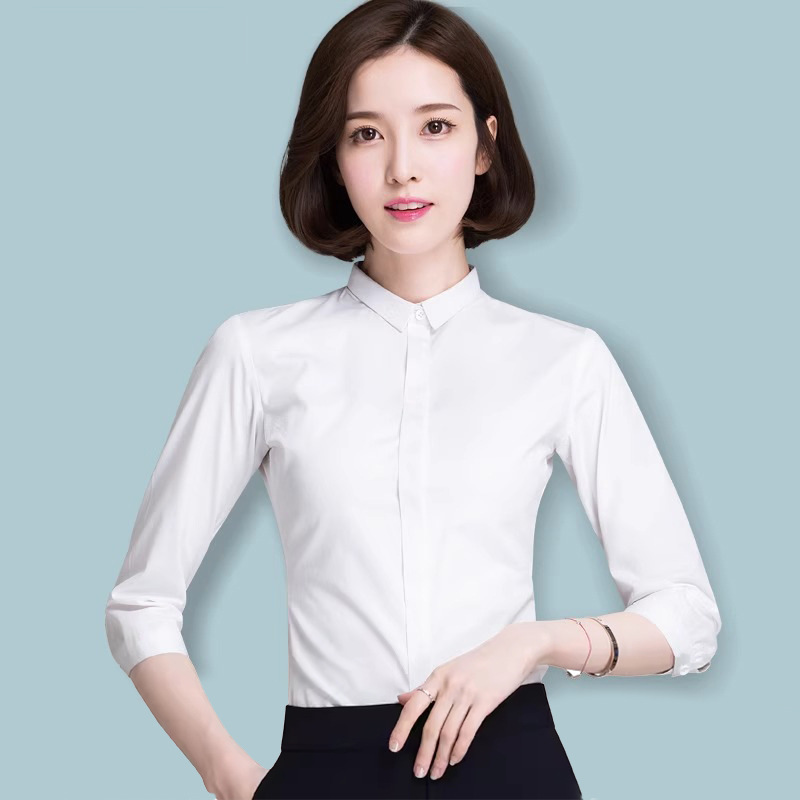 전문 셔츠 여성용 7 점 슬리브 봄과 가을 새로운 한국식 슬림핏 정장 원피스 작업복 반 소매 흰색 셔츠 여성