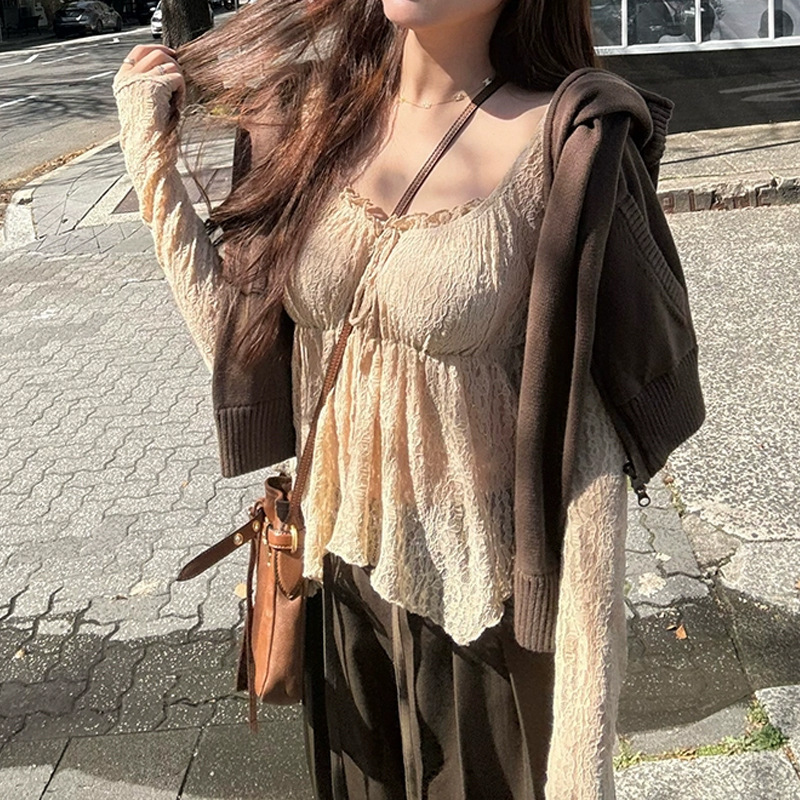 槿一 法式弹力蕾丝 jue美内搭微透感女秋季低领长袖打底上衣小众|undefined